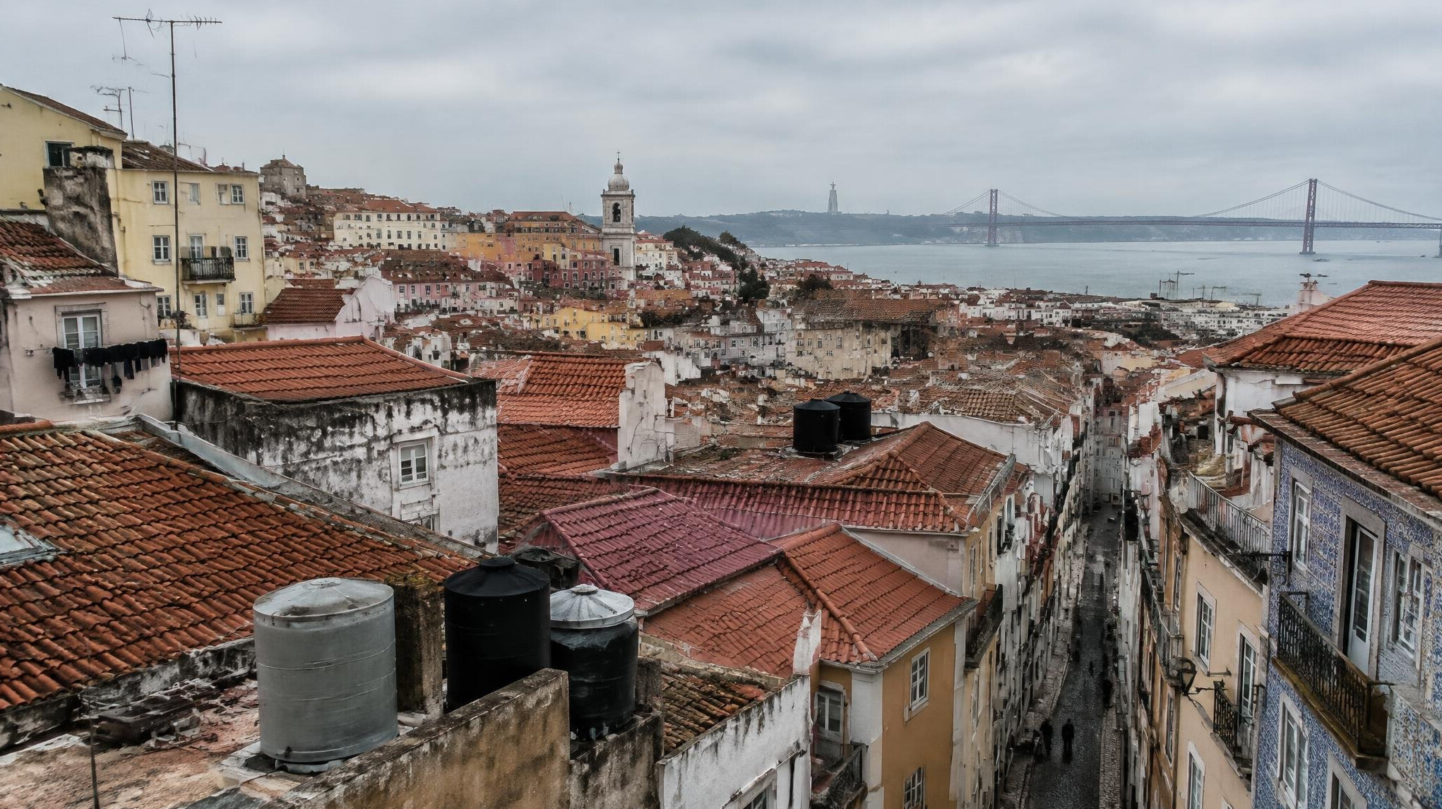 City rooftops and urban infrastructure in a Portuguese city