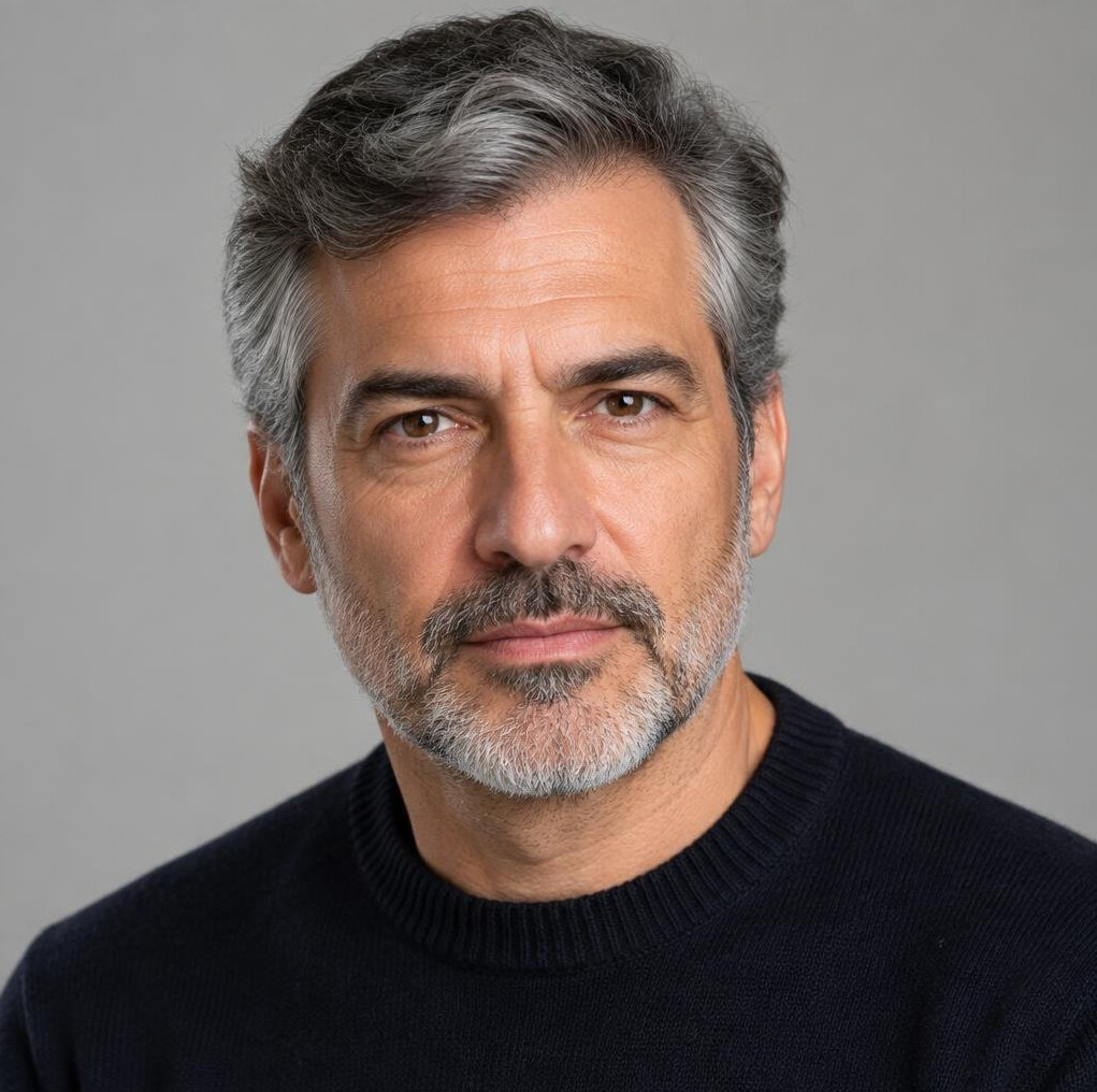 Studio portrait of a senior Portuguese editor in his 50s