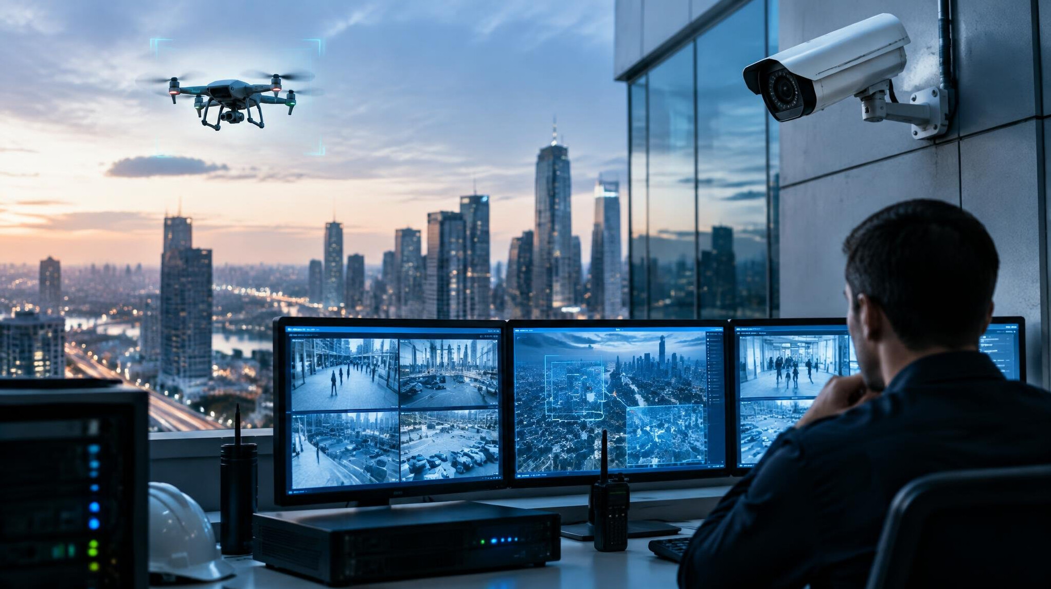 drone flying over city