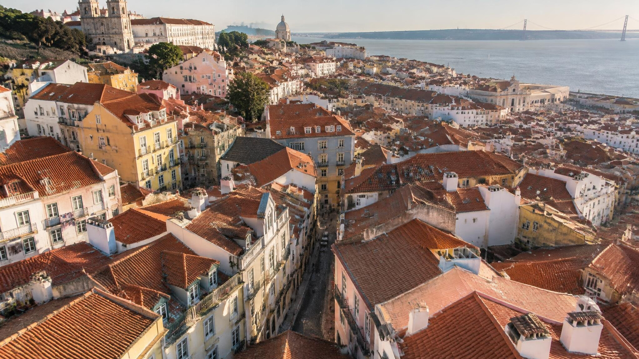 Aerial view of Lisbon rooftops and residential buildings